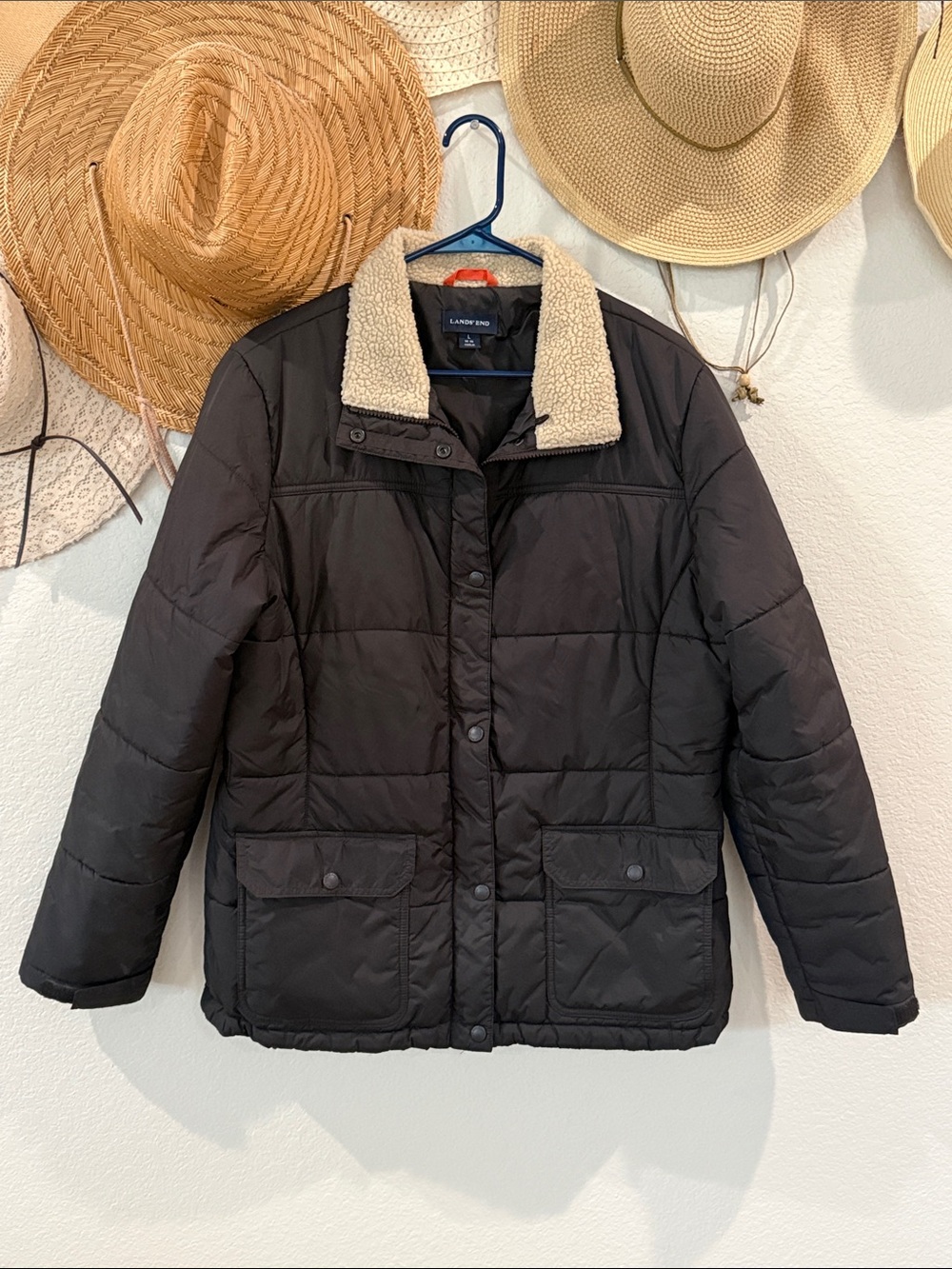 Lands' End Brown Quilted Puffer Jacket with Tan Sherpa Collar, EUC, Womens L 14